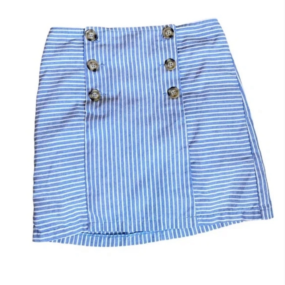 Altar’d State blue and white striped mini skirt with brown front buttons